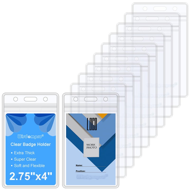 Wisdompro 10 Pack Badge Holder, Double-Sided 2 Card Slot Waterproof Flexible and Soft Clear PVC ID Badge Holder with Resealable Zip for Multiple Cards - Vertical (4" x 2.75" Inner Size) - Image 1